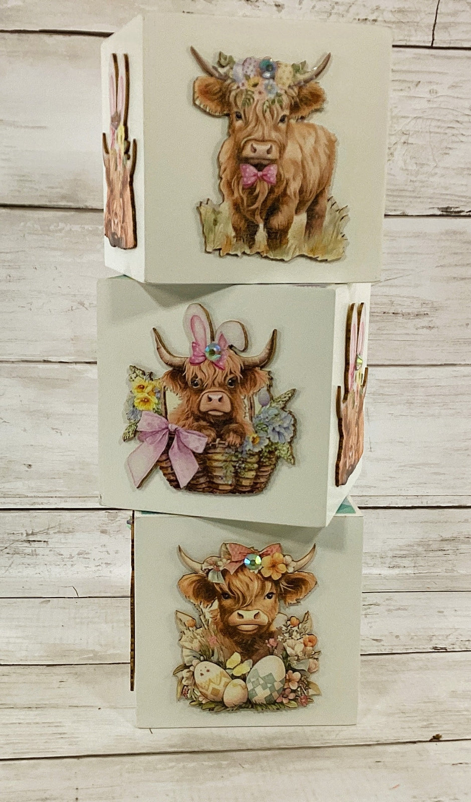 AGD Spring Decor - Floral Flower Highland Cow Chunky Block Signs 3pc