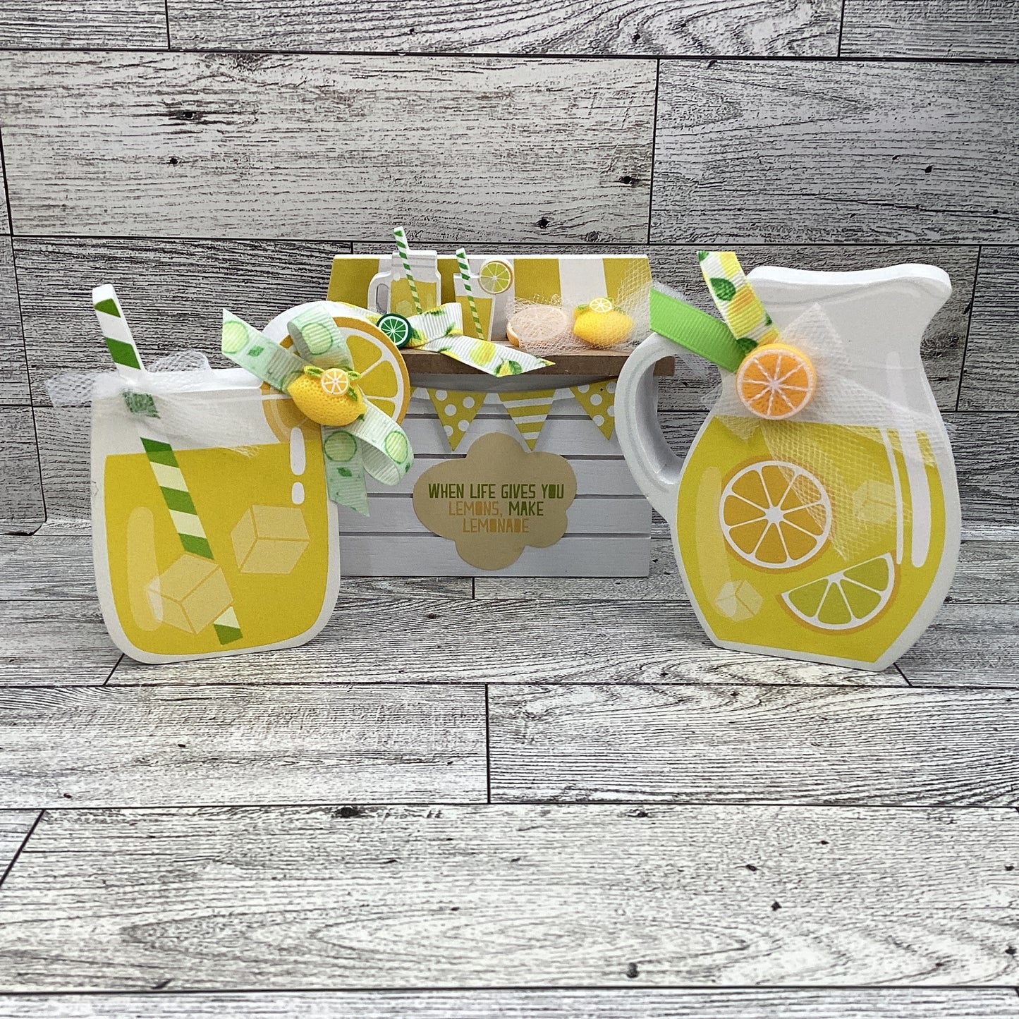 Summer Decor Lemon Lemonade Booth, Stand. Pitcher, Glass Tier Tray 4pc Set