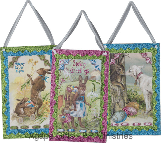 PBK Spring Easter Decor - Vintage Theme Bunny Lamb & Eggs 3pc Set #22955