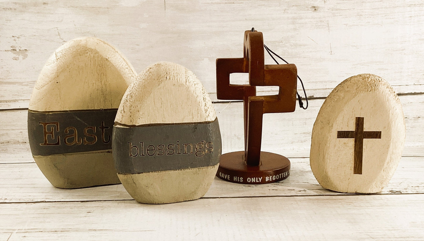 CWI Spring Decor - Easter Blessings Wood Eggs & Heart Cross Display