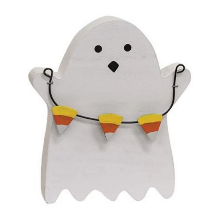 CWI Halloween Decor - Candy Corn Ghost Chunky Wood  Sitter