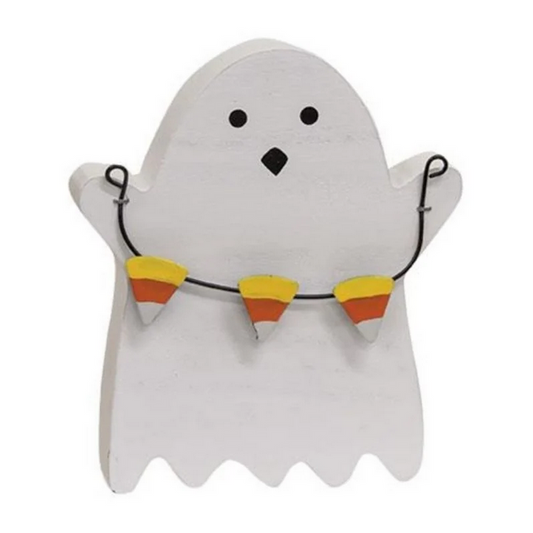 CWI Halloween Decor - Candy Corn Ghost Chunky Wood  Sitter