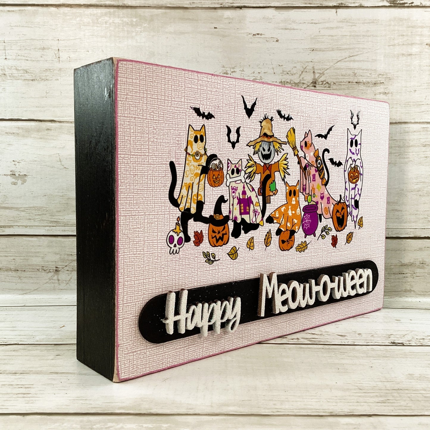 AGD Halloween Decor - Pastel Ghost Kitty Cats Meow O Ween Box Sign