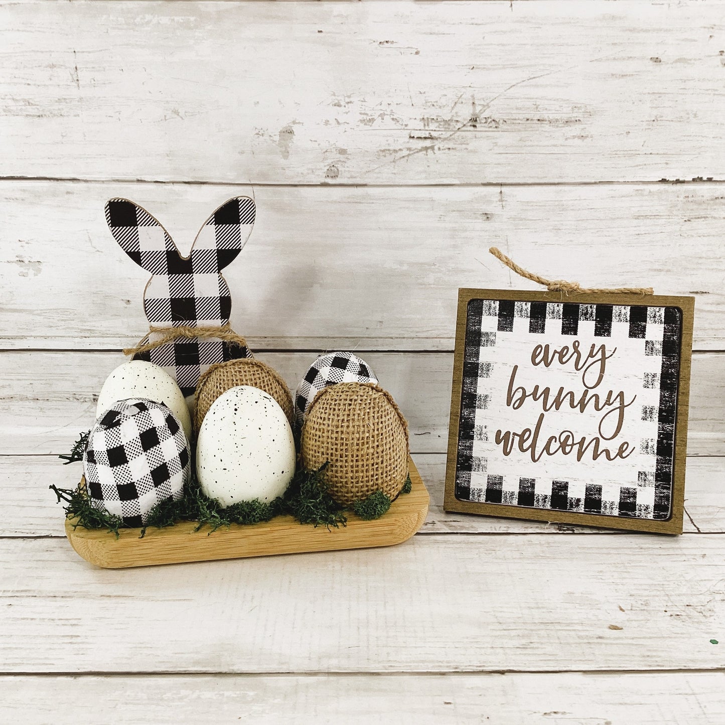 AGD Easter Decor - Bunny Welcome Eggs Black White Buffalo Plaid 2pc Set