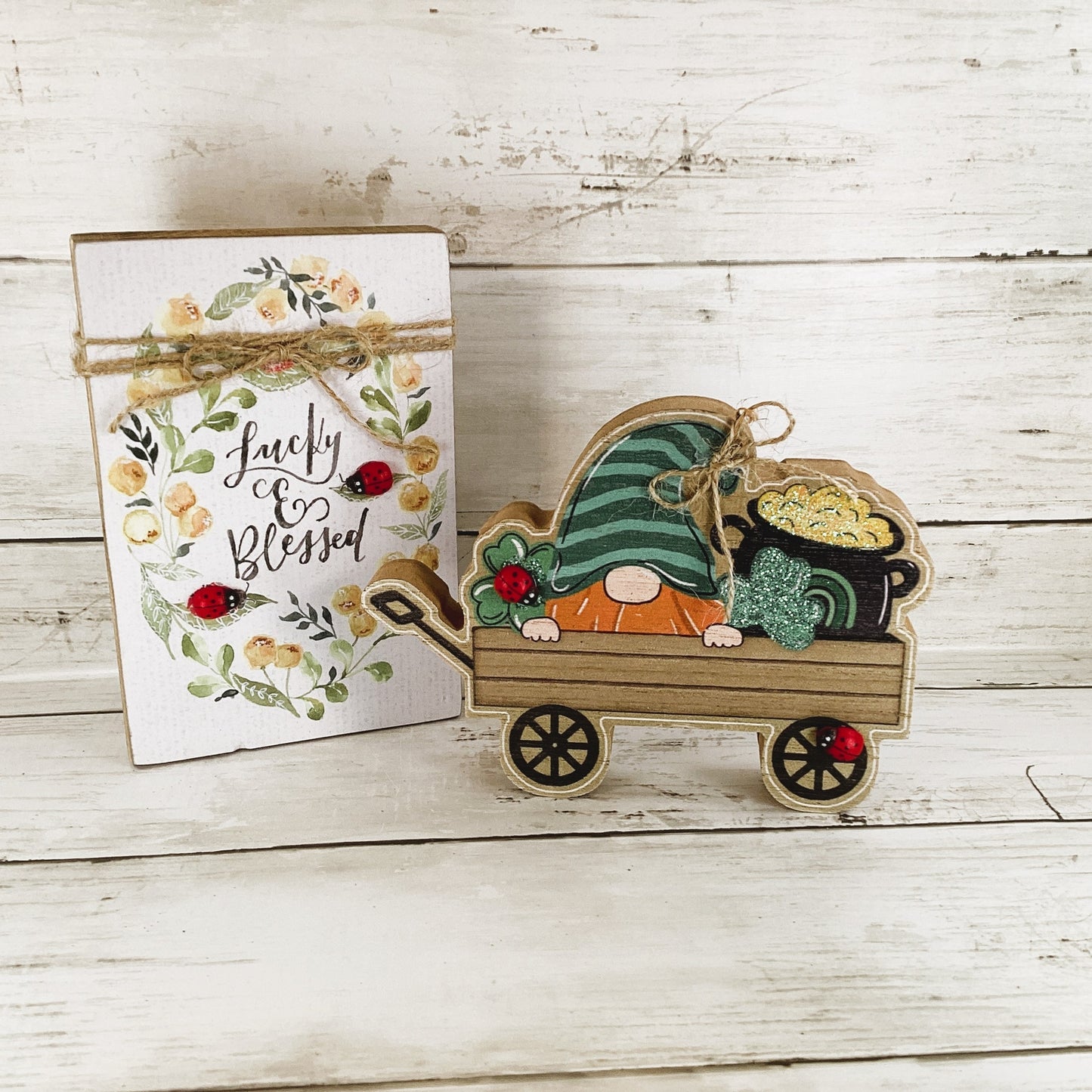 AGD St Patrick's Decor - Blessed & Lucky Gnome Chunky Wagon Sign 2pc Set