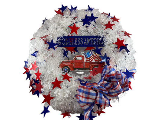 AGD Patriotic Decor -  God Bless America Vintage Truck Tinsel Wreath