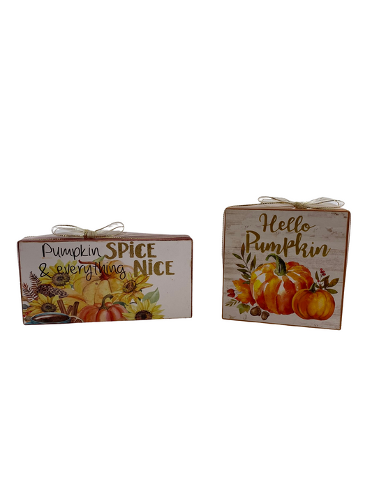 AGD Fall Decor - Hello Pumpkin Spice Thanksgiving Reversible Block Signs 2pc Set