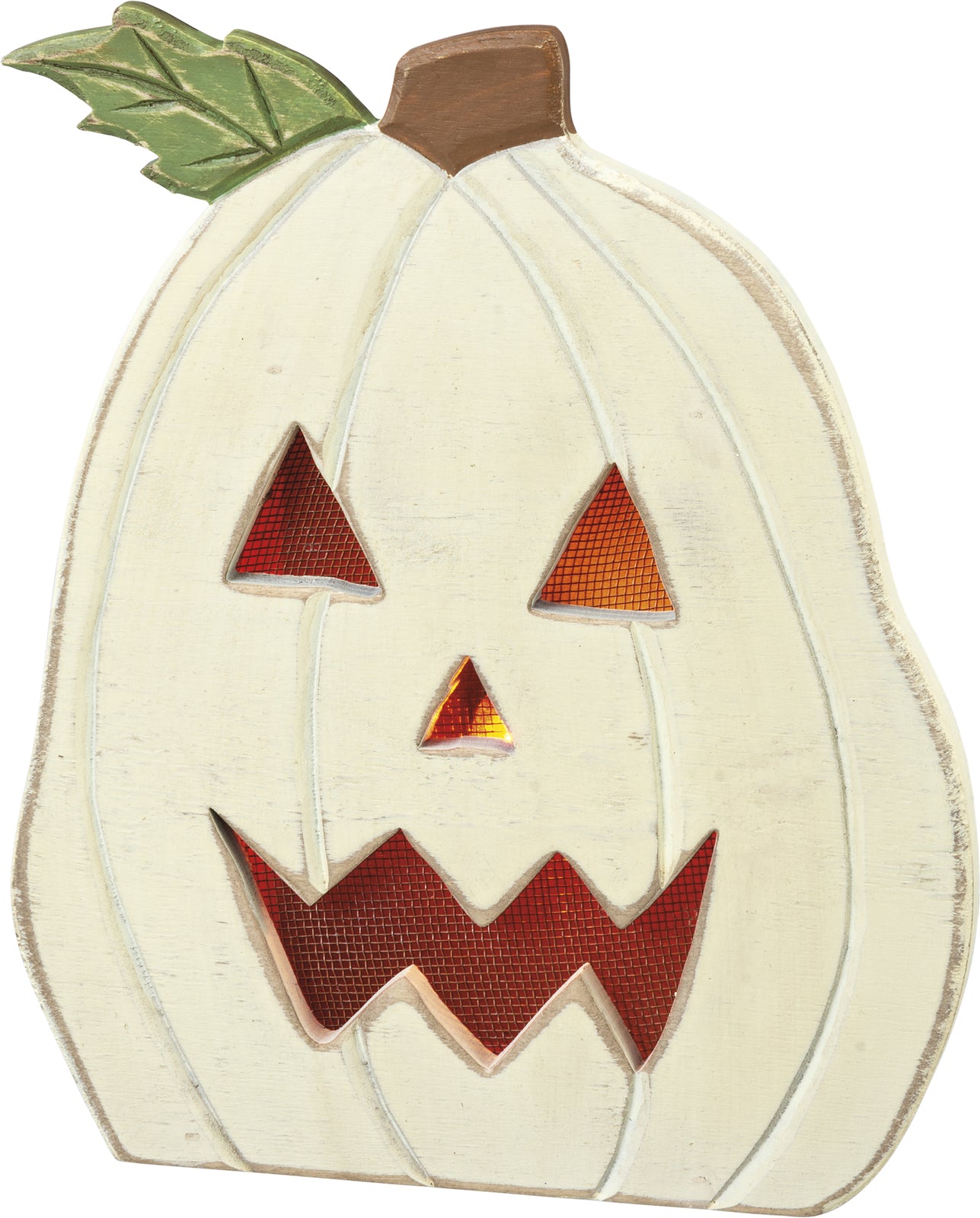 PBK Halloween Decor - Lighted Wood Jack O Lantern Cream Pumpkin