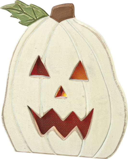 PBK Halloween Decor - Lighted Wood Jack O Lantern Cream Pumpkin