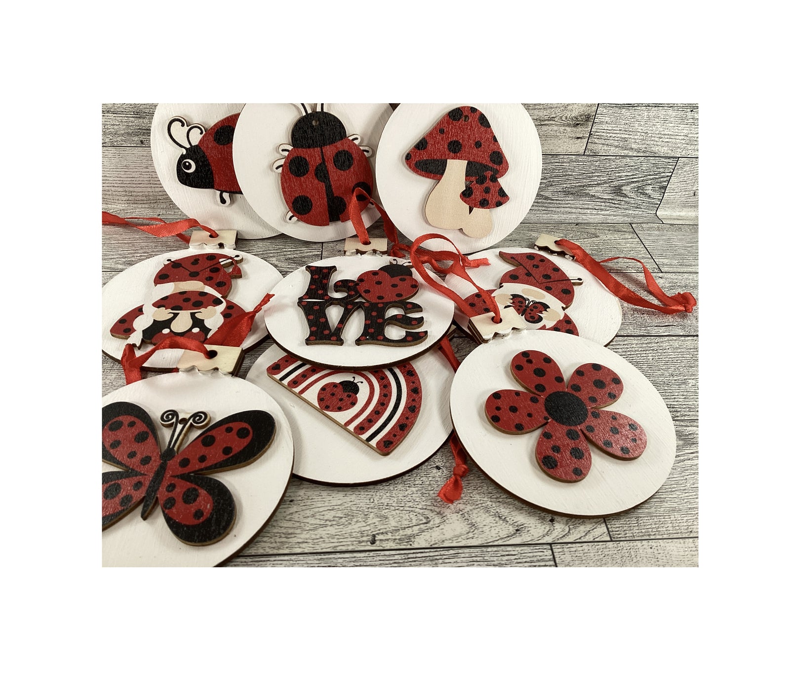 AGD Summer Decor - Ladybug Theme Layered Wood Ornaments 9pc