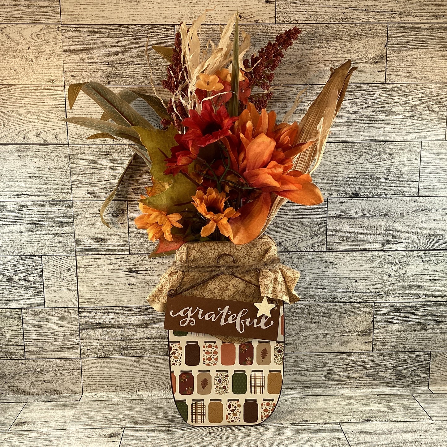 AGD Fall Decor - Autumn Grateful Thankful Floral Wood Mason Jar Display