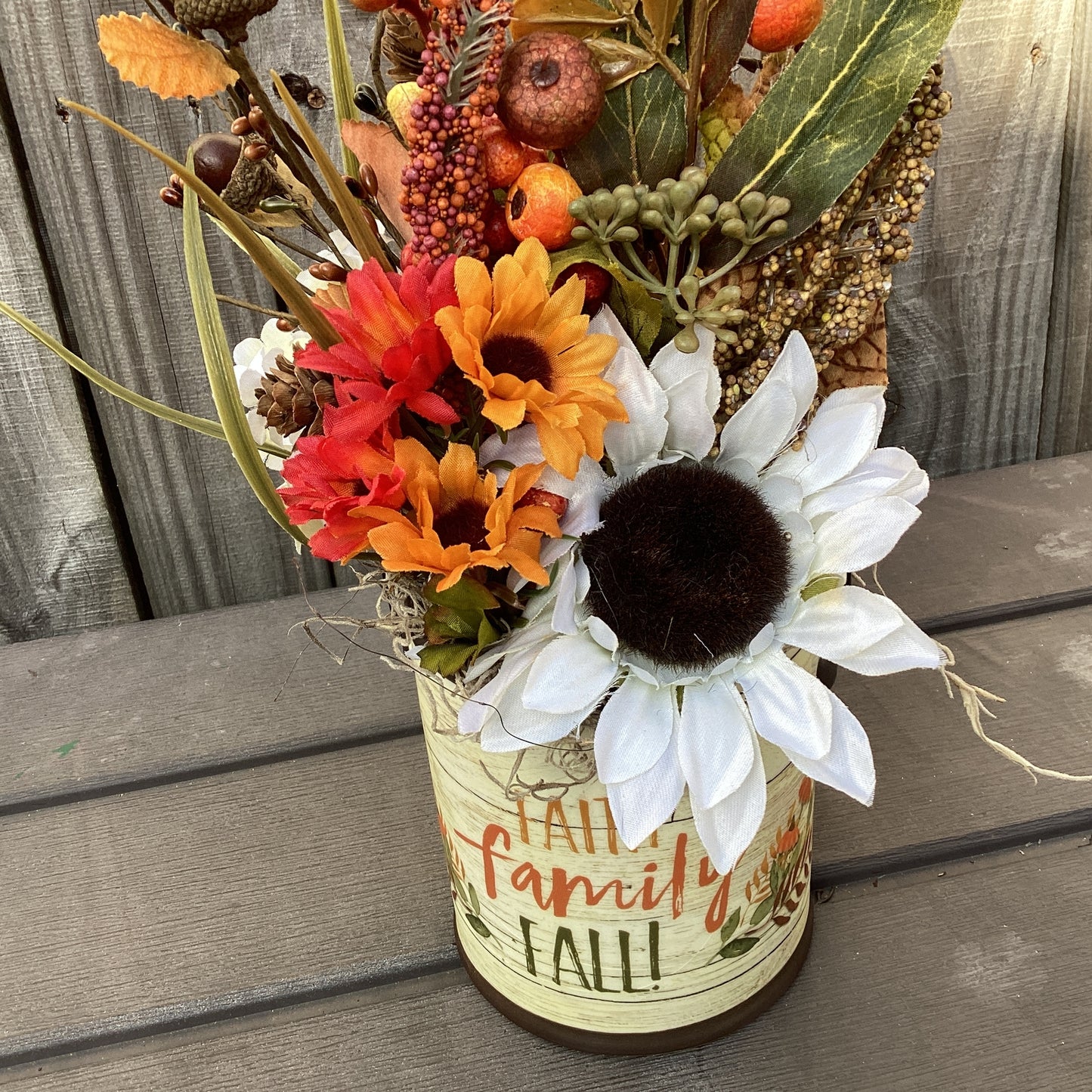 AGD Fall Decor - Faith Family Farmhouse Floral Filled Crock Display