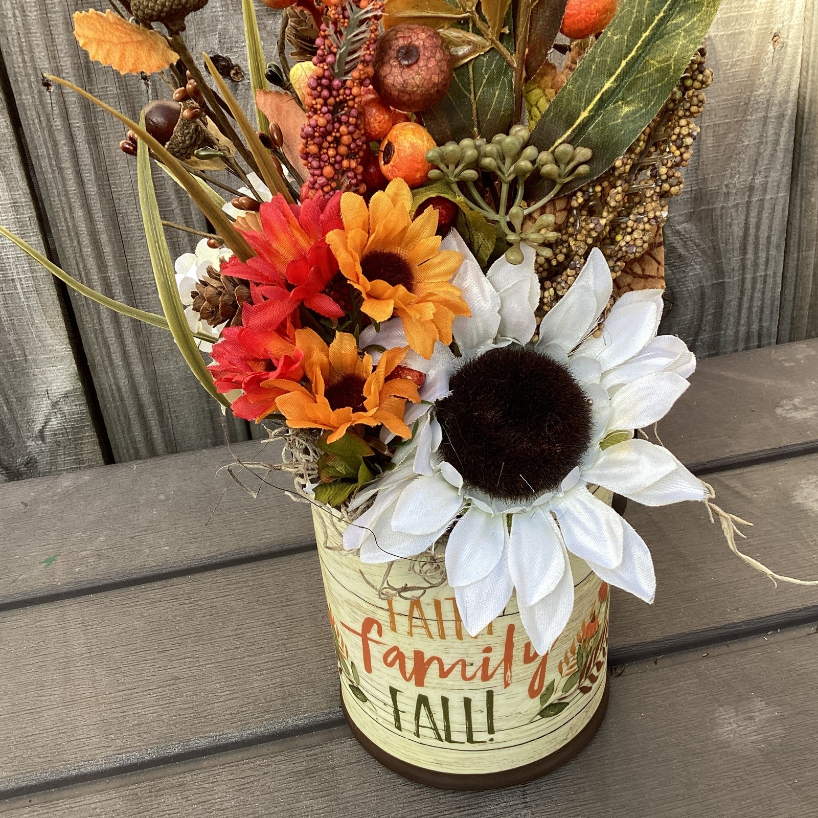 AGD Fall Decor - Faith Family Farmhouse Floral Filled Crock Display