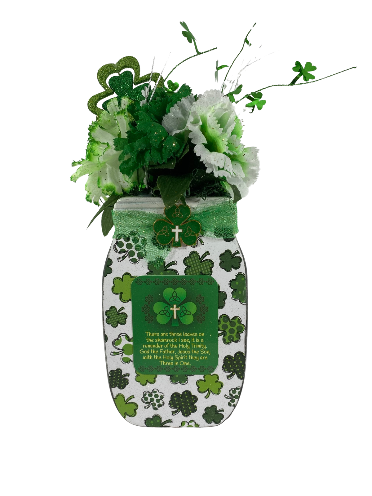 AGD St Patricks Decor - Trinity Shamrock Irish Floral Wood Mason Jar Display