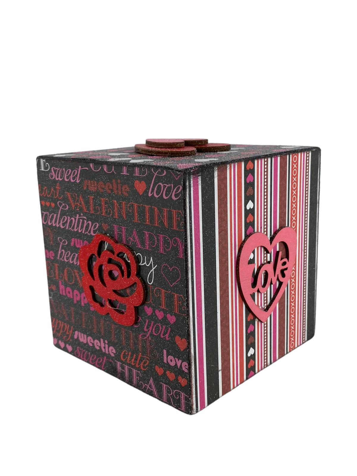 AGD Valentines Decor - Pink White Black Red Love Heart Icons Wood Block