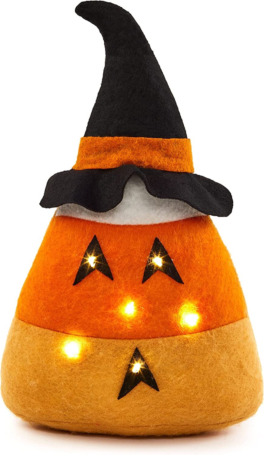 LC Halloween Decor -B/O Lighted Felt Candy Corn Witch Plush Sitter