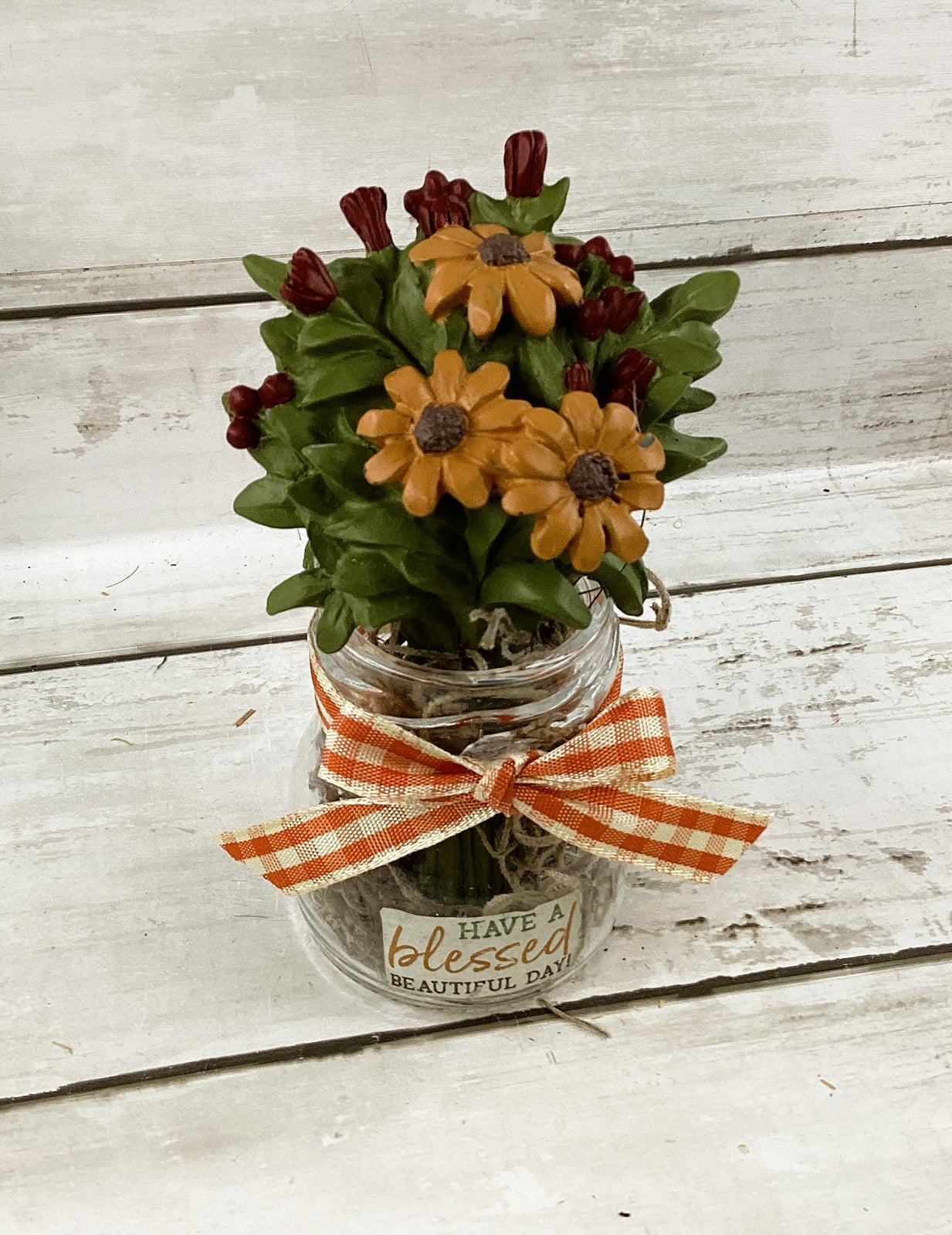 AGD  Fall Decor - Small Glass Jar Blessed Day Resin Sunflowers