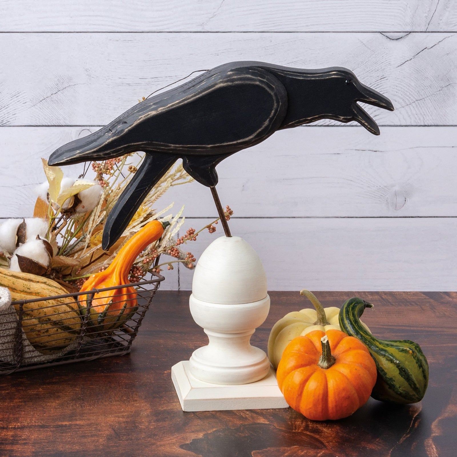 PBK Halloween Decor - LG Cawing Black Crow Bird on Finial Sitter