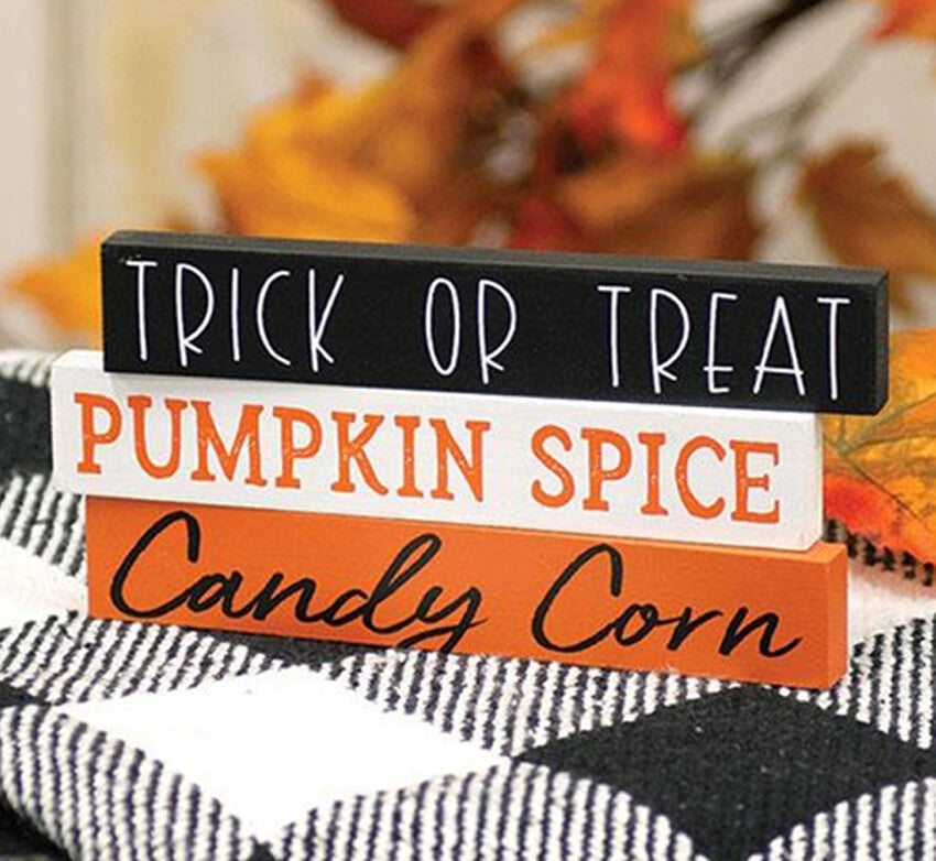 CWI Halloween Decor - Trick Treat Candy Corn Pumpkin Mini Stick Signs 3pc