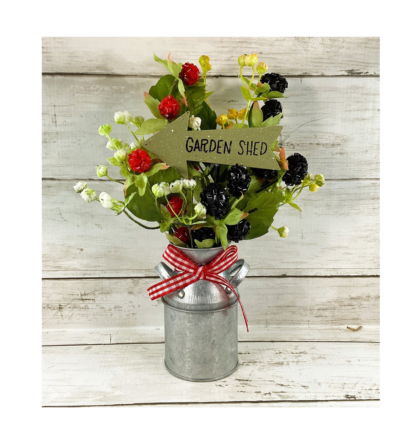 AGD Summer Decor - Red Blue Berries Galvanized Metal Floral Milk Can