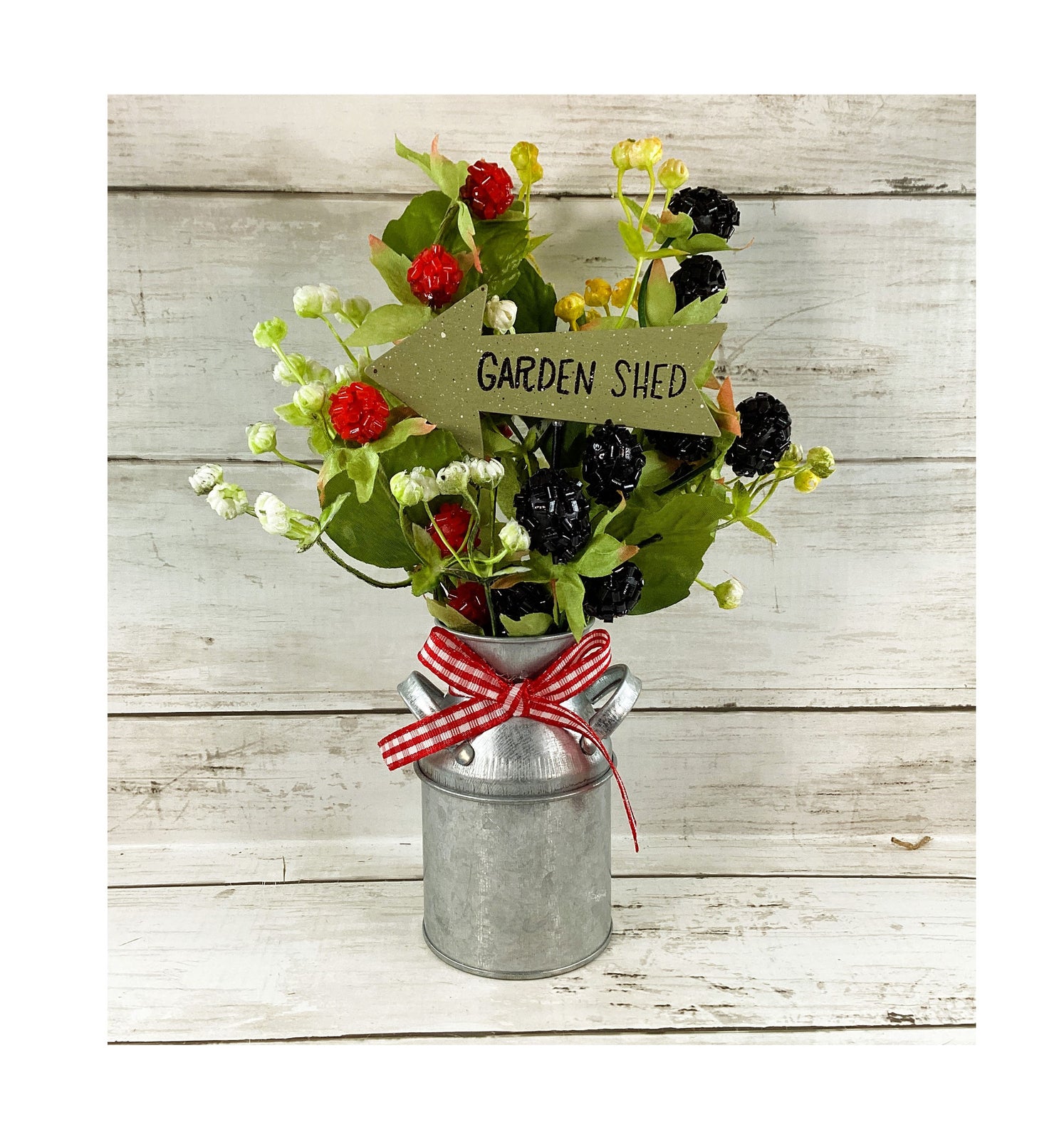 AGD Summer Decor - Red Blue Berries Galvanized Metal Floral Milk Can