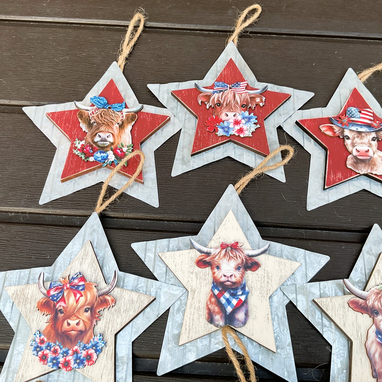 AGD Patriotic Decor - July 4th Highland Cow Metal Star Ornaments 12pc Set