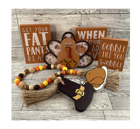 AGD Fall Decor - Wood Turkey Gobble Fat Pants Gravy Pilgrim Garland Tier Tray