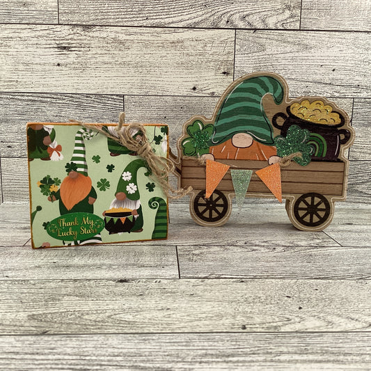AGD St Patrick's Decor - Lucky Stars Gnome Chunky Wagon Sign 2pc Set