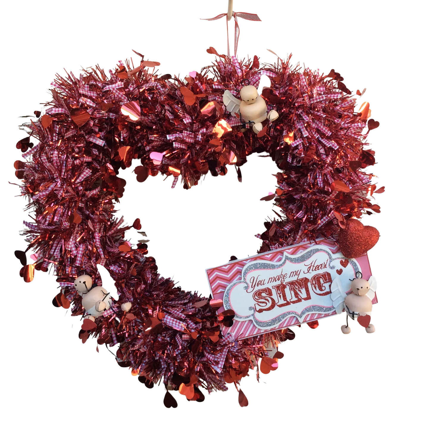 AGD Valentines Decor - Red White Tinesl Make My Heart Sing Wreath