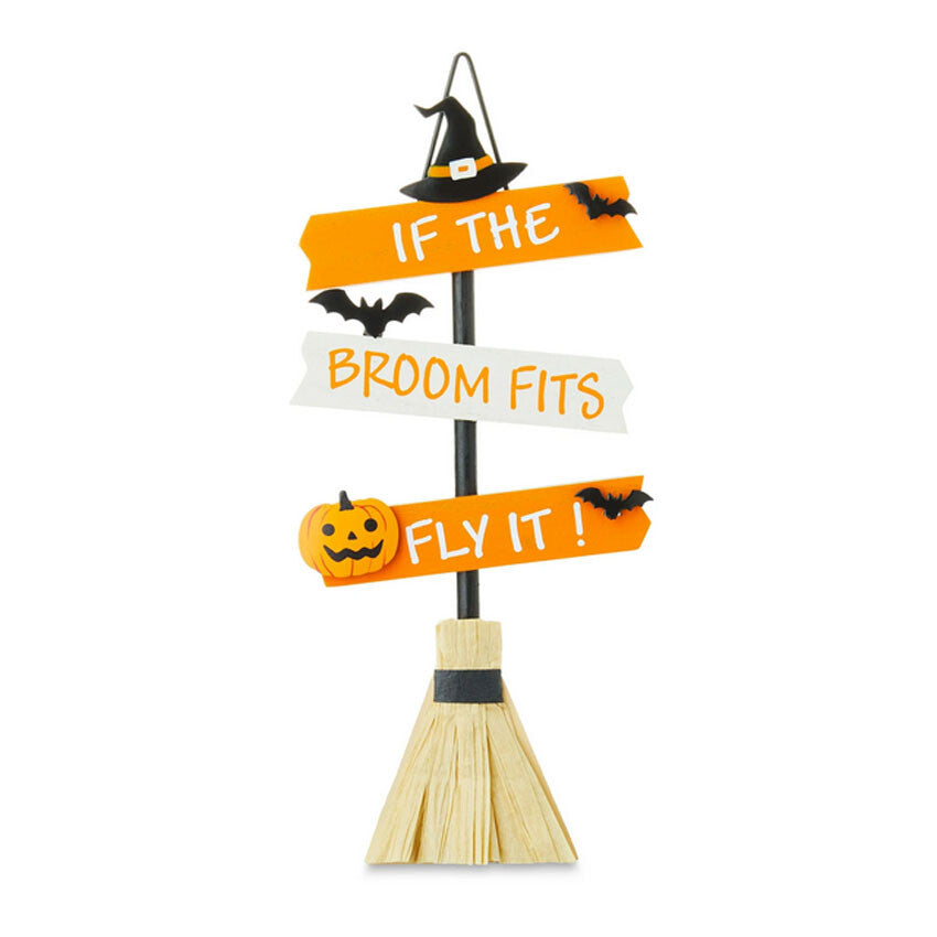 WM Halloween Decor _White Orange Broom Fit's Fly It Wood Sitter