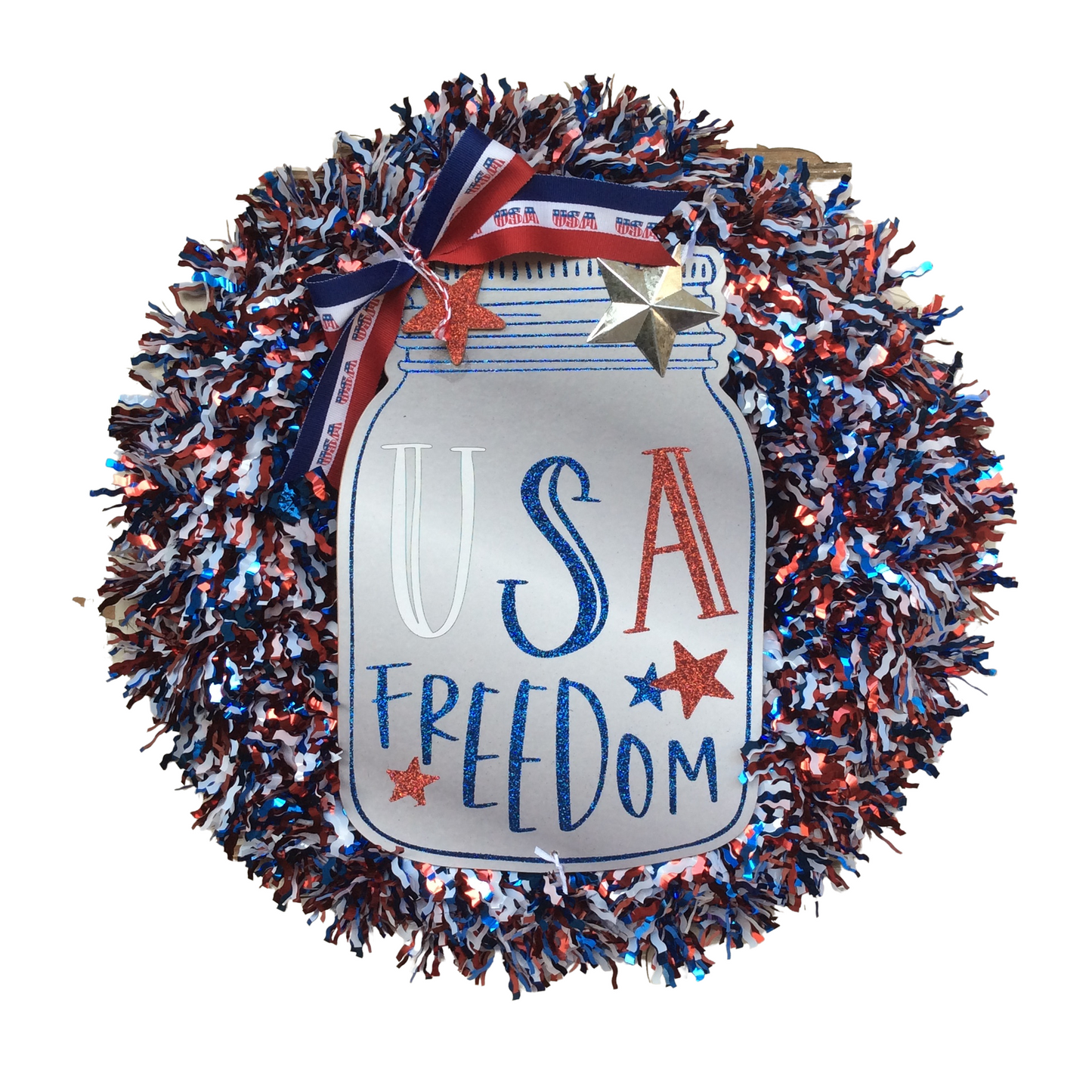 AGD Patriotic Decor - USA Freedom Mason Jar Tinsel Wreath