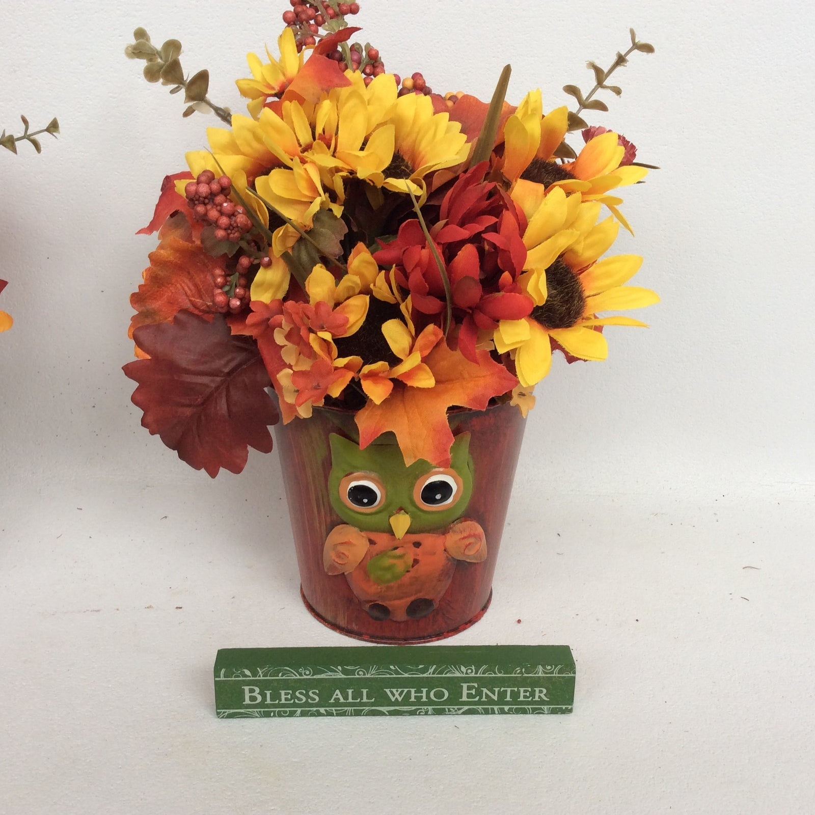 AGD Fall Decor - Owl Tin Filled Artificial Floral Display