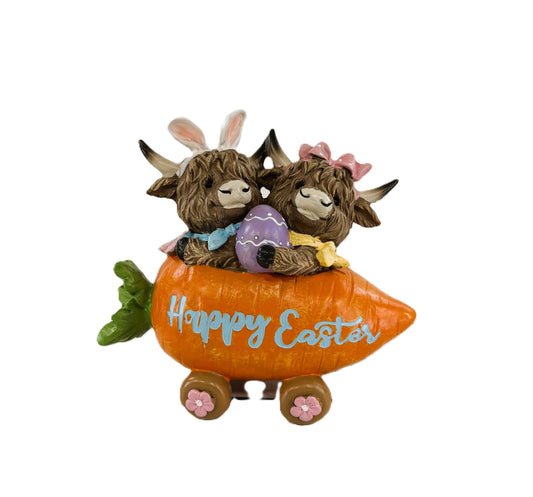 Gerson Easter Decor - Resin Highland Cows in Carrot Car Cart Figurine
