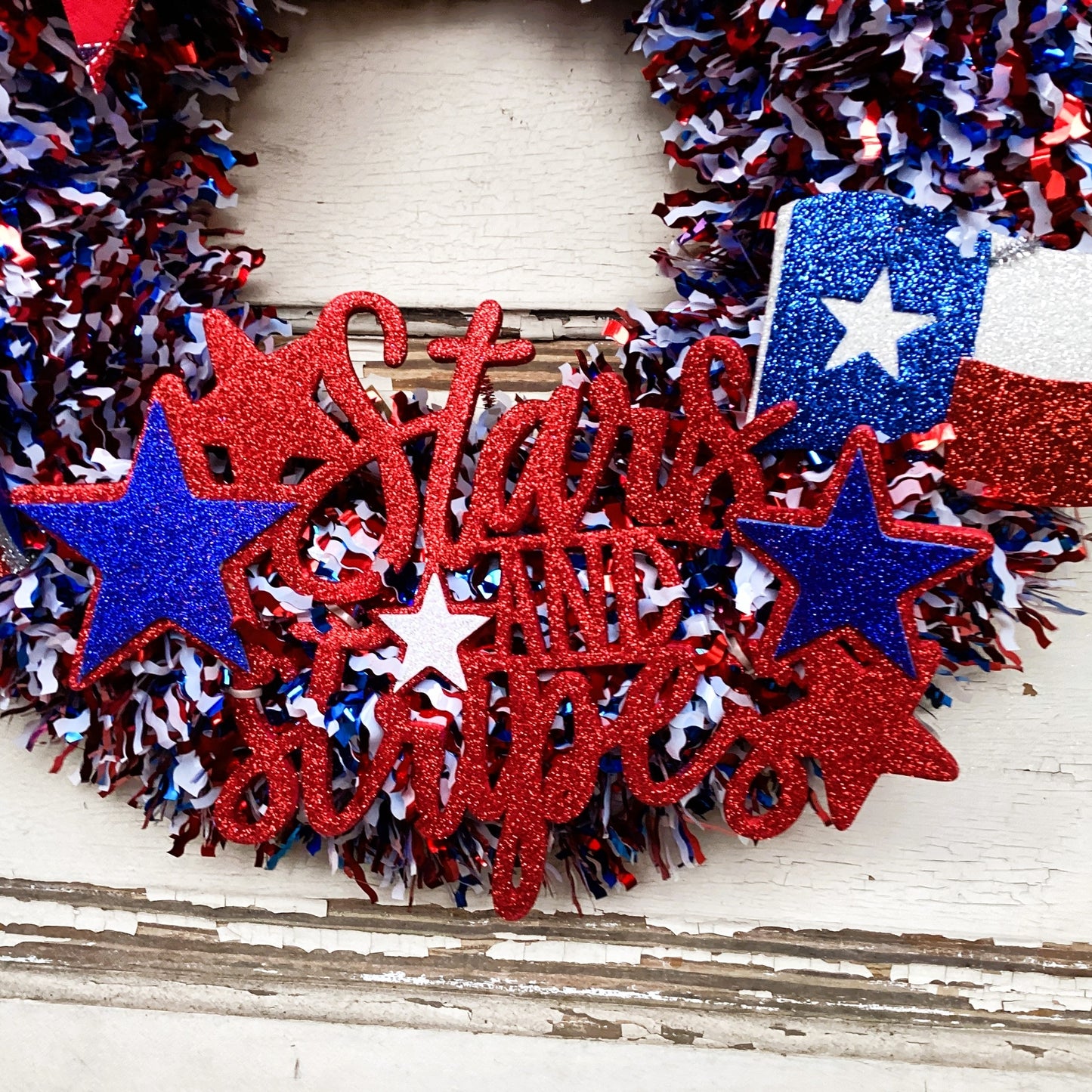 AGD Patriotic Decor - Stars Stripes Texas Flag Tinsel Wreath Wall Decor
