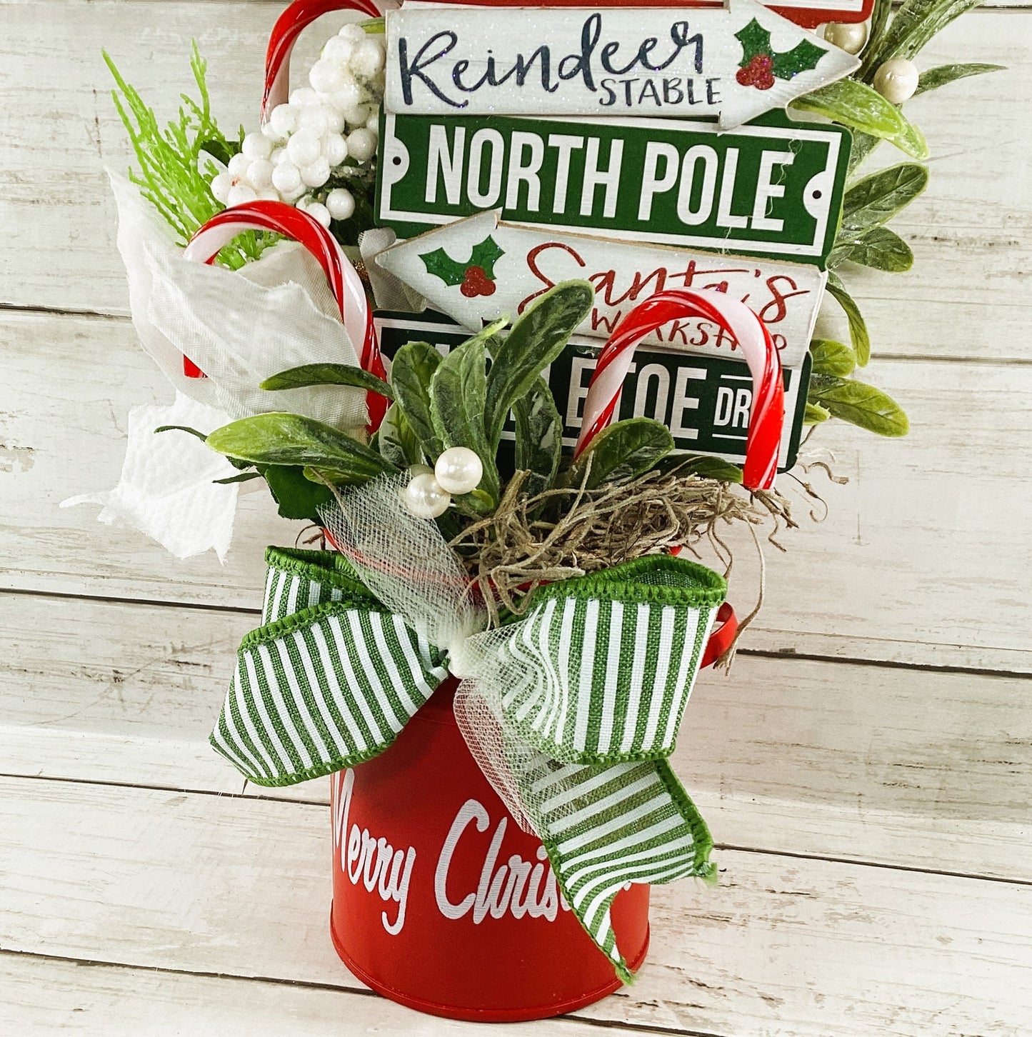 AGD Christmas Decor - Candy Cane Mistletoe Direction Metal Floral Milk Can