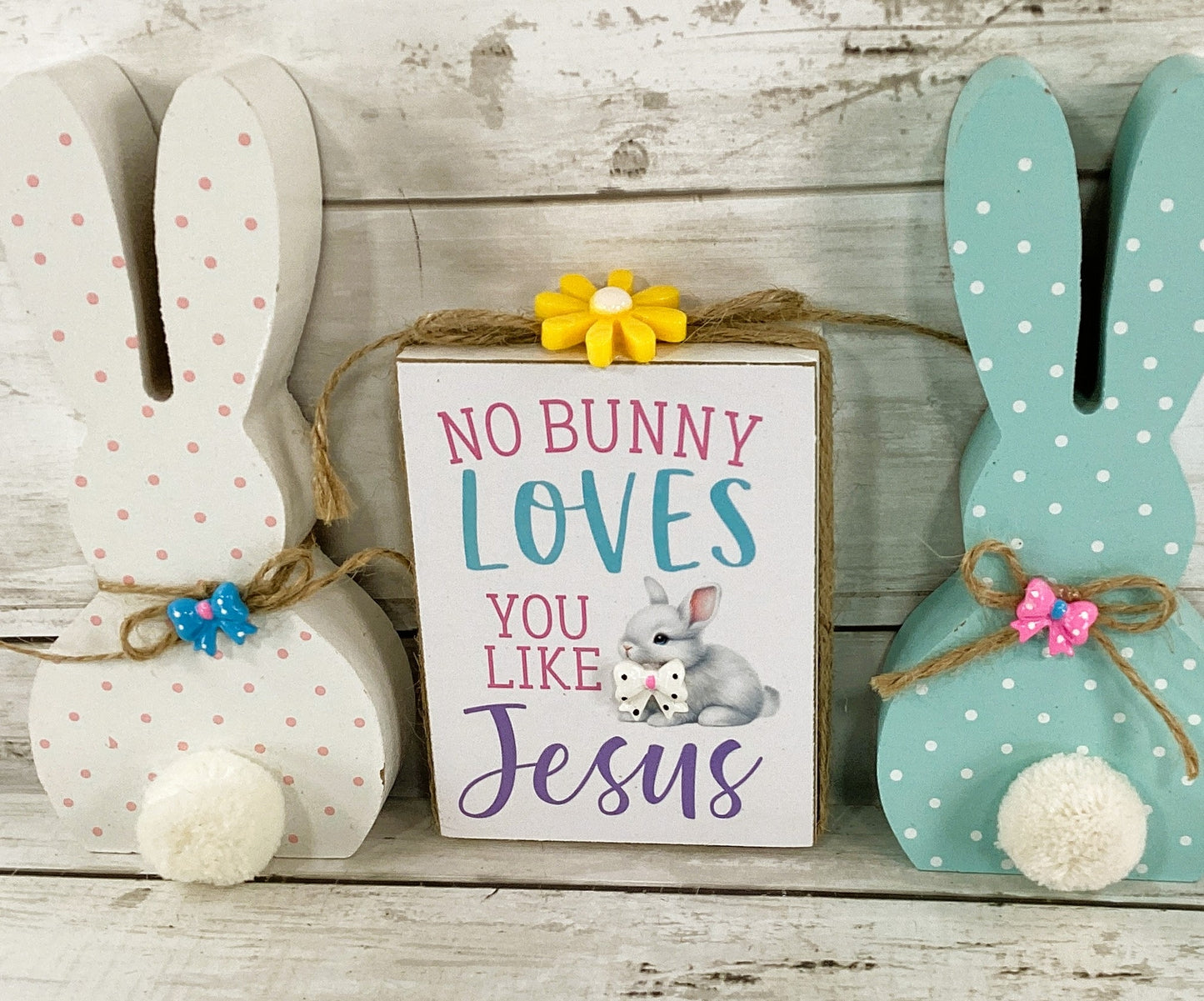AGD Easter Decor - Chunky Wood Pastel Bunny Jesus Loves You 3pc Set