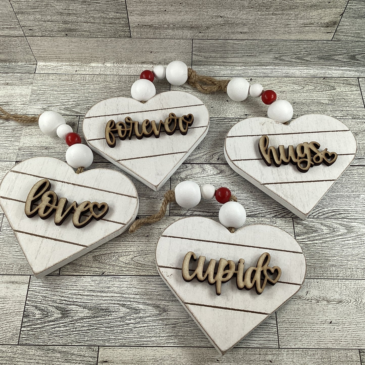 AGD Valentines Decor - Buffalo Plaid Layer Wood Ornaments 4pc Set