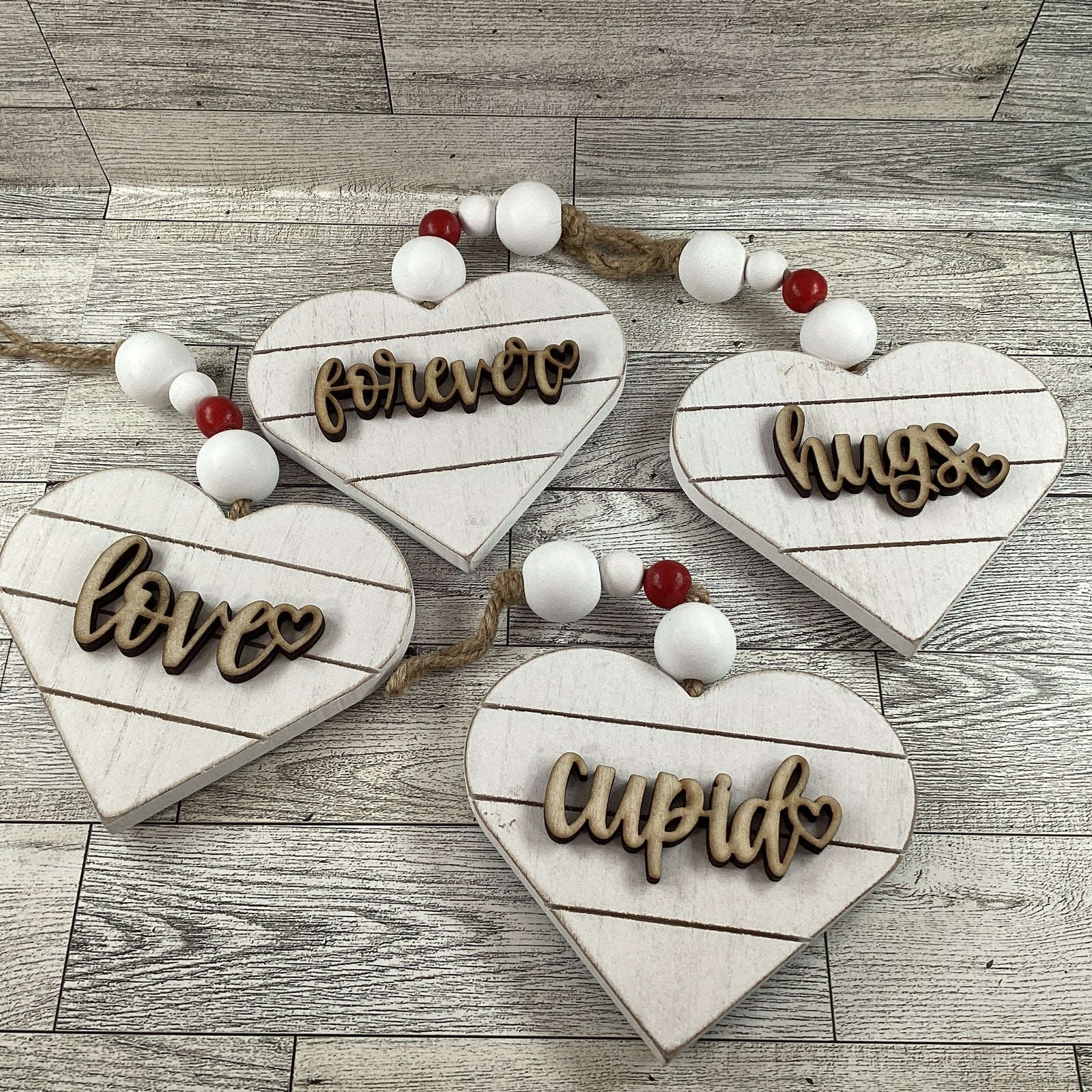 AGD Valentines Decor - Buffalo Plaid Layer Wood Ornaments 4pc Set