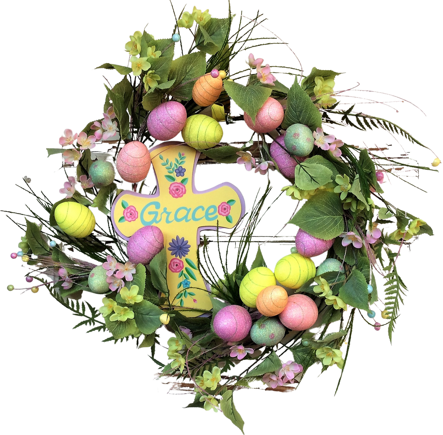 AGD Spring Easter Decor – Grace Cross Glitter Eggs Floral Fern Wreath