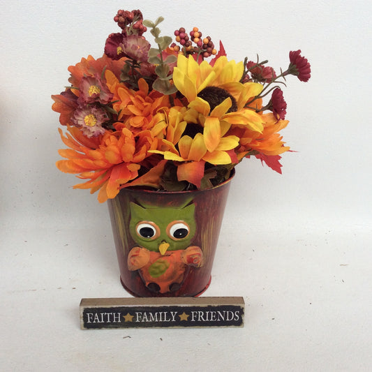AGD Fall Decor - Owl Tin Filled Artificial Floral Display