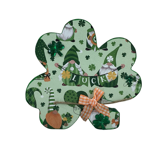 AGD Saint Patrick Decor - Irish Gnome Chunky Wood Shamrock Sitter