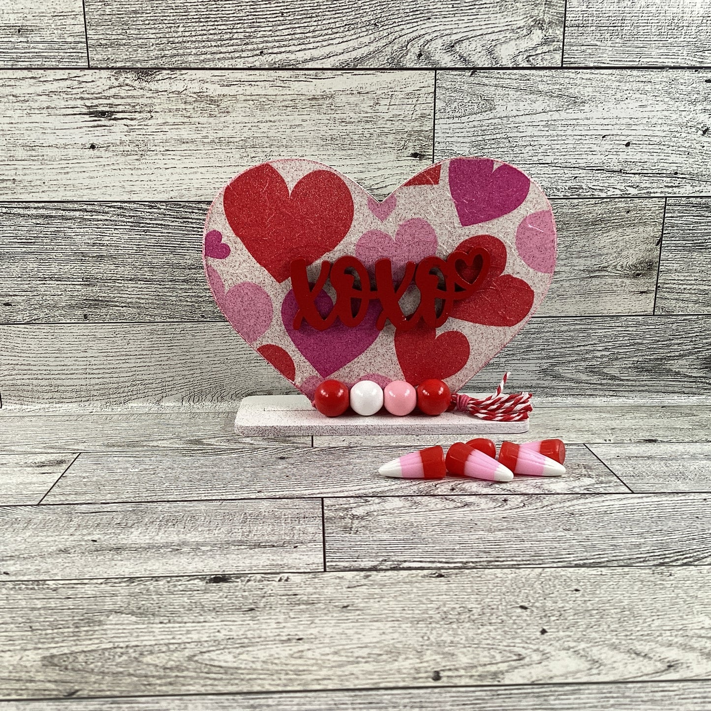 AGD Valentines Decor - XOXO X O X O Decoupage Layered Heart Wood Sitter