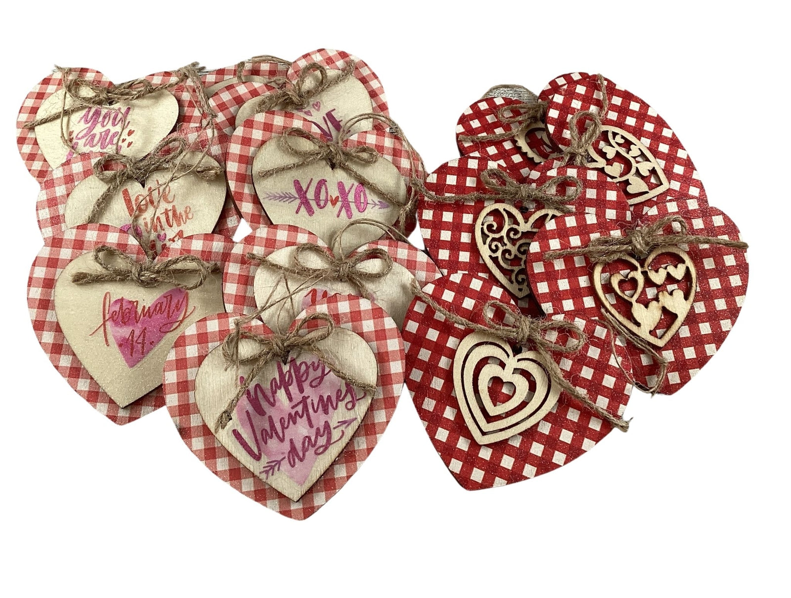 AGD Valentines Decor - Pink Red White Plaid Layer Wood Ornaments 13pc