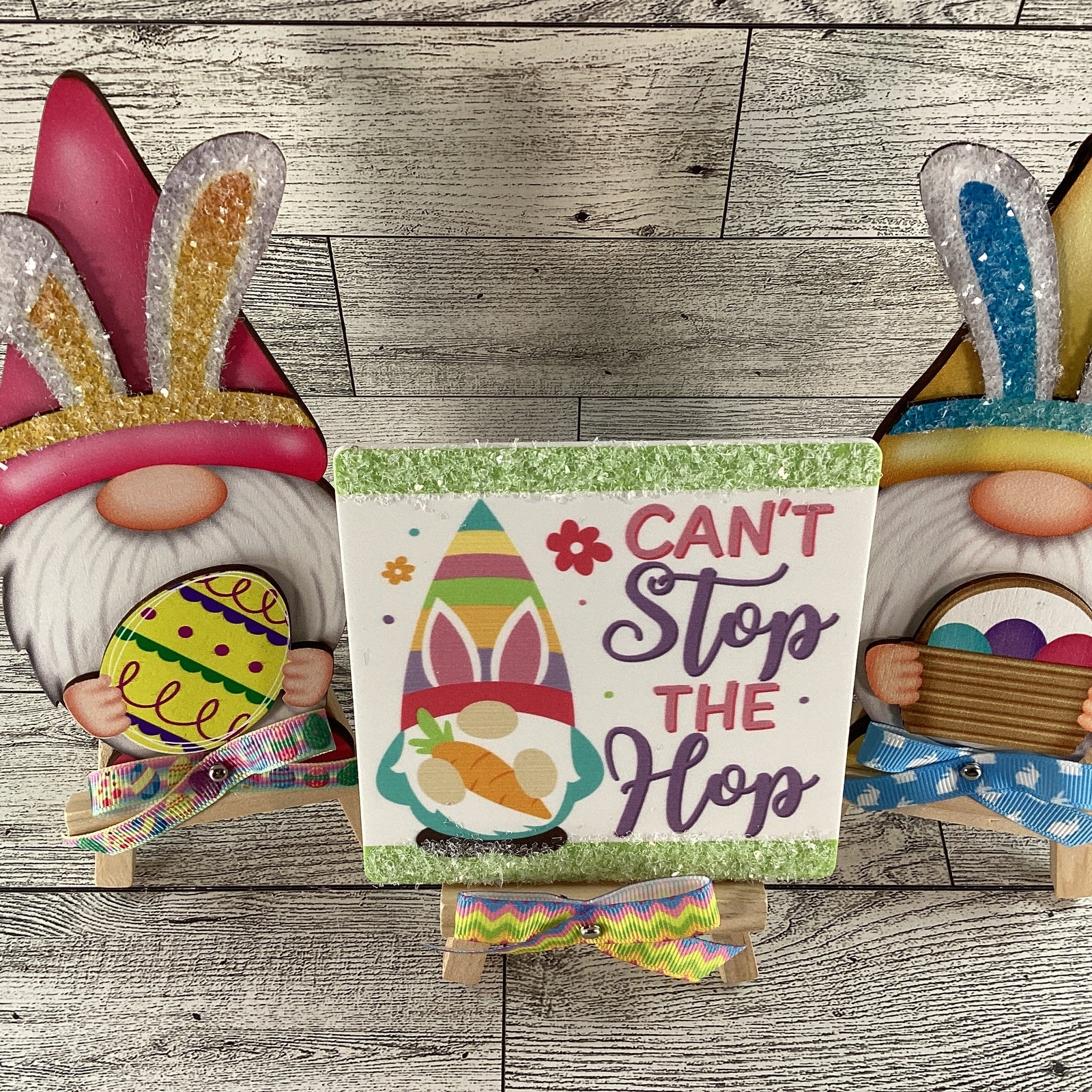 AGD Easter Decor - Wood Gnome Glitter Bunny Rabbit Tier Tray 3pc Set