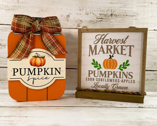 AGD Fall Decor - Chunky Wood Pumpkin Spice Jar Market Sign 2pc Set