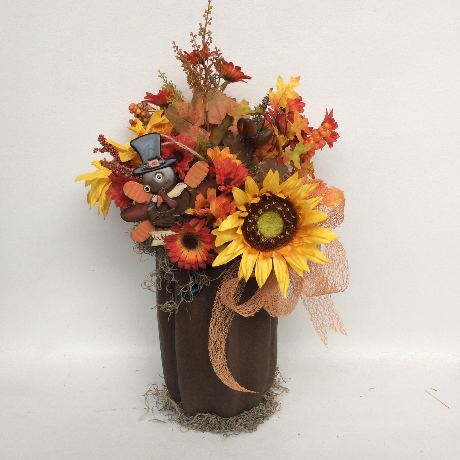 AGD Fall Decor - Football Turkey Pumpkin Filled Artificial Floral Display