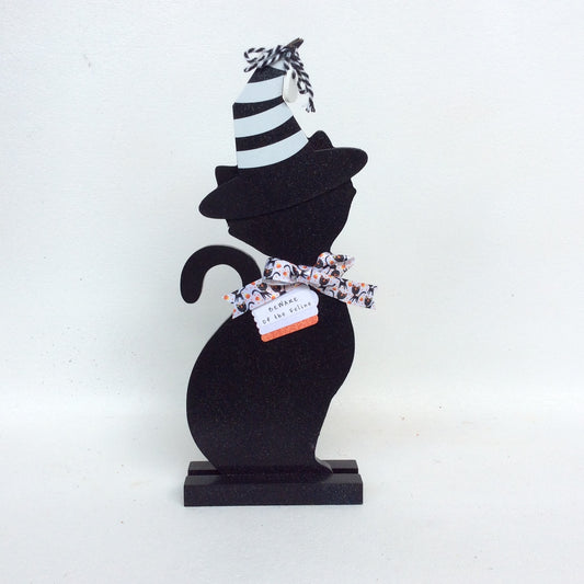 AGD Halloween Decor - Black Cat Wood Beware Feline Tabletop Display