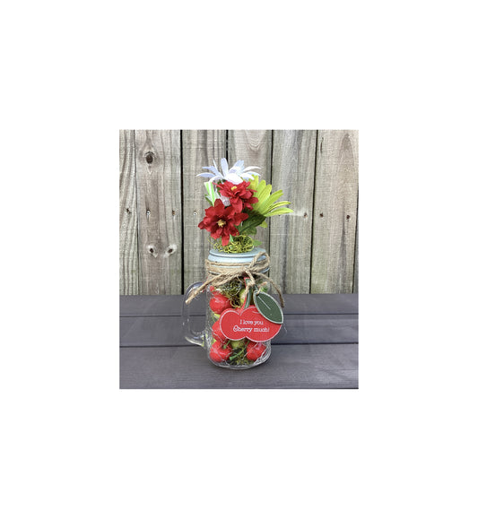 AGD Summer Decor - Faux Cherry Theme Mason Jar Glass Daisy Decor