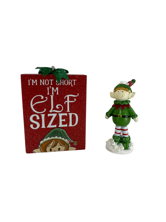 AGD Christmas Decor - Not Short Resin Elf Size Wood Sign Tier Tray 2pc Set