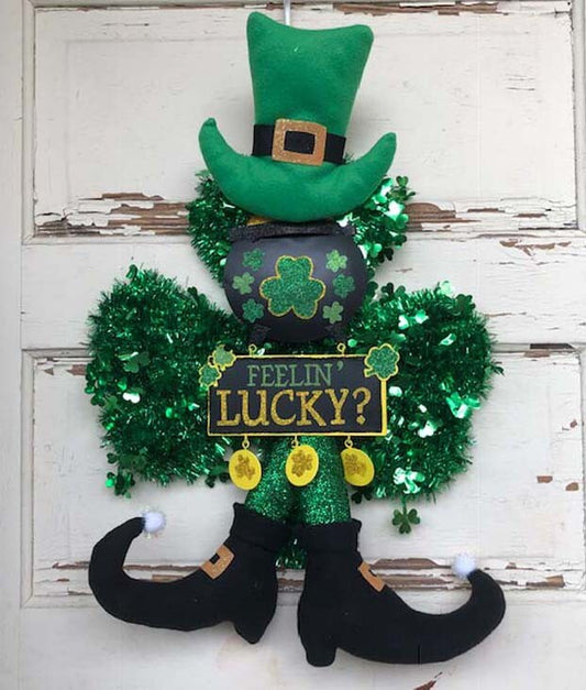 AGD St Patricks Decor - Green Tinsel Feeling Lucky Leprechaun Wreath